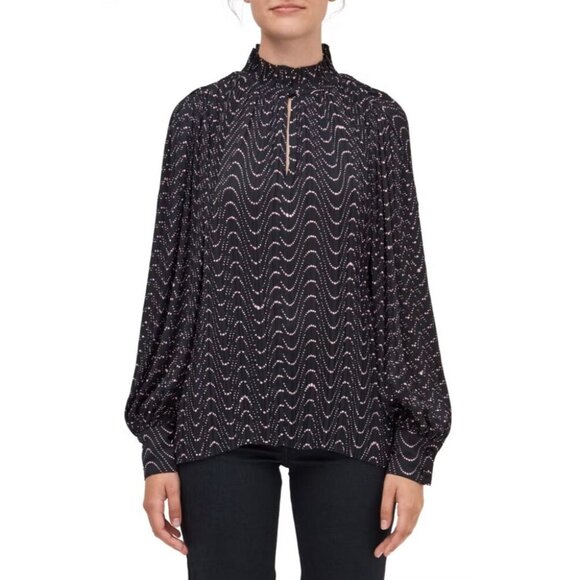 KATE SPADE Wavy Dot Black Printed Matte Satin Ruffle Trim Blouse, Size XS - Picture 1 of 11